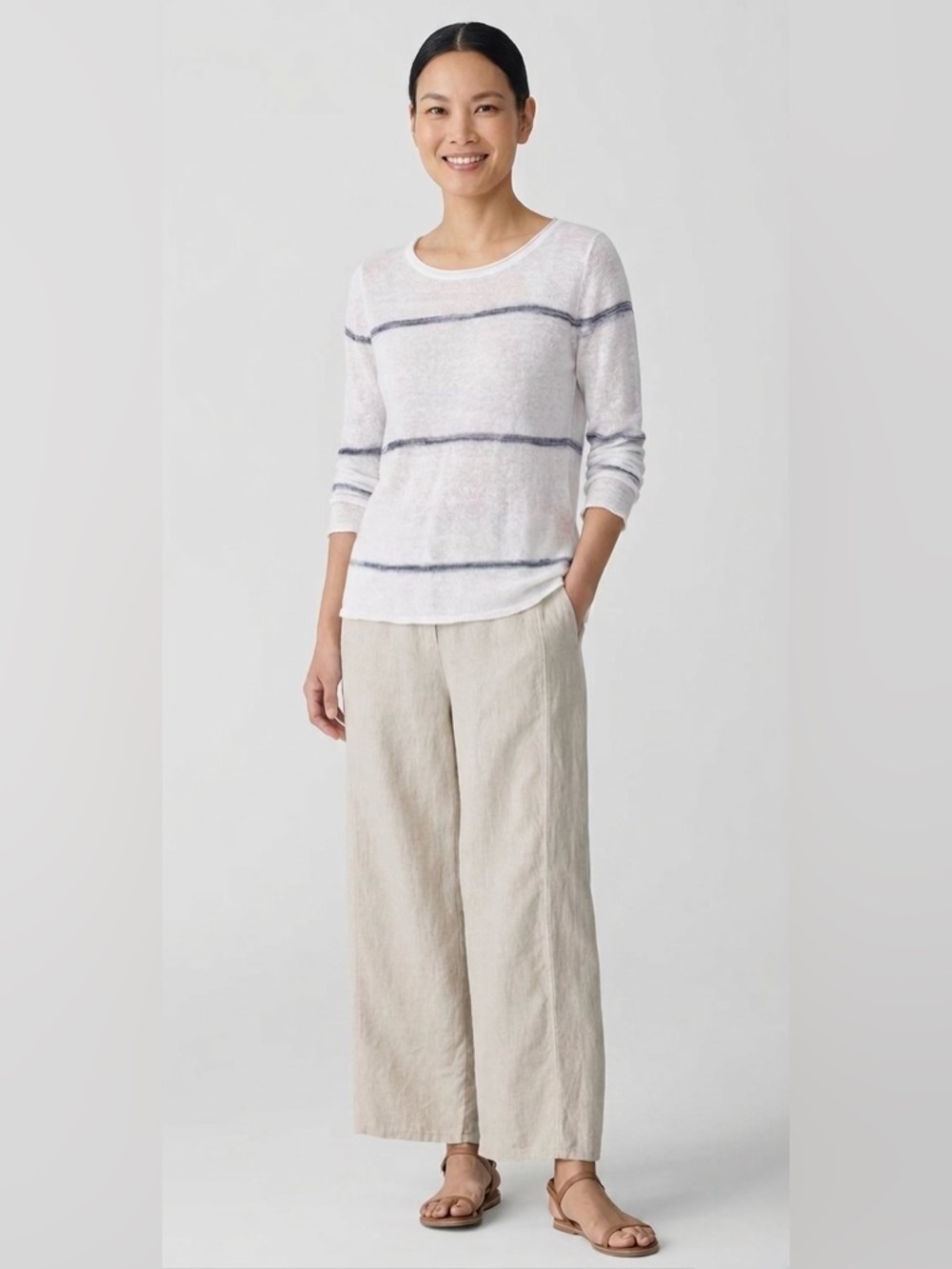 Eileen Fisher 100% Organic Linen Striped Sweater Knit Top Lightweight Minimalist